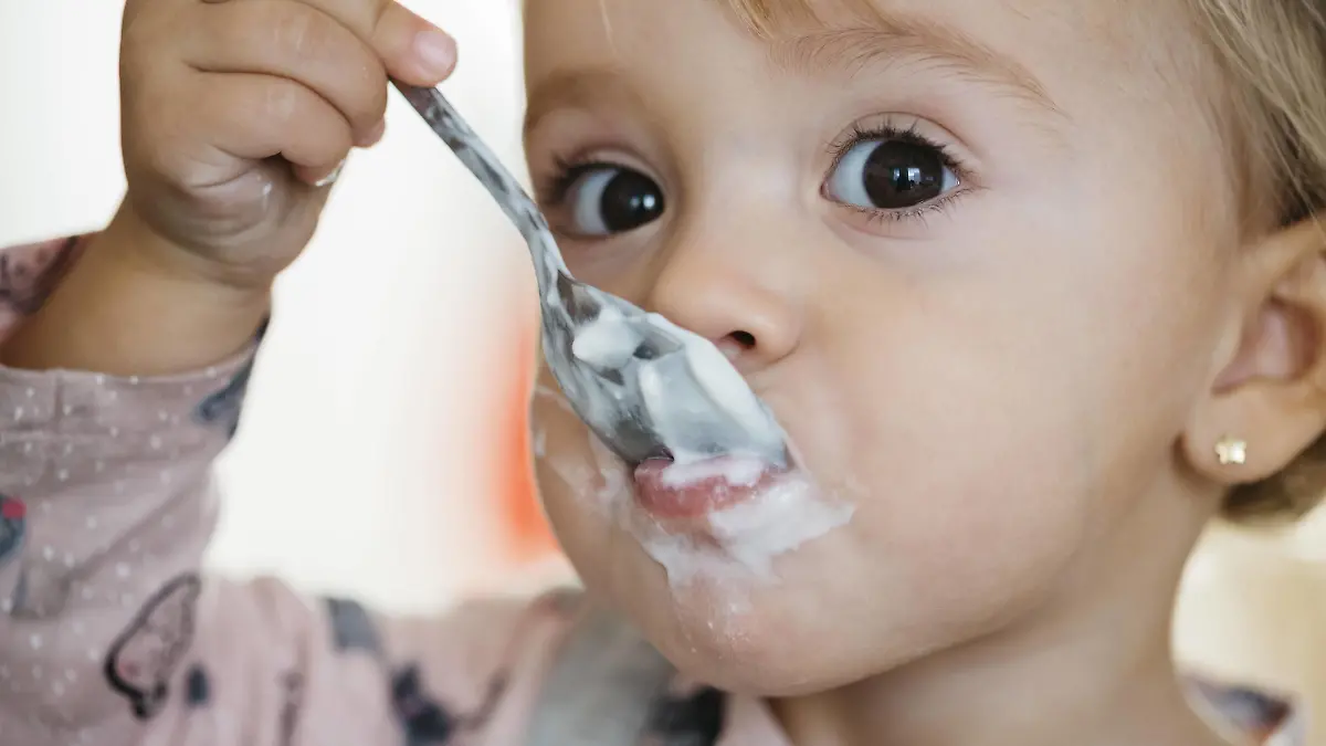 Portrait of baby girl eating yogurt, close-up model released Symbolfoto PUBLICATIONxINxGERxSUIxAUTxHUNxONLY JRFF02182