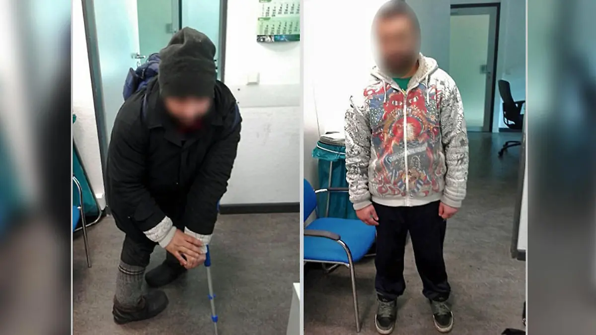 Bettlerbanden, Bettlermafia: Bettler täuscht Behinderung vor (links) - obwohl er tatsächlich gesund ist (rechts)