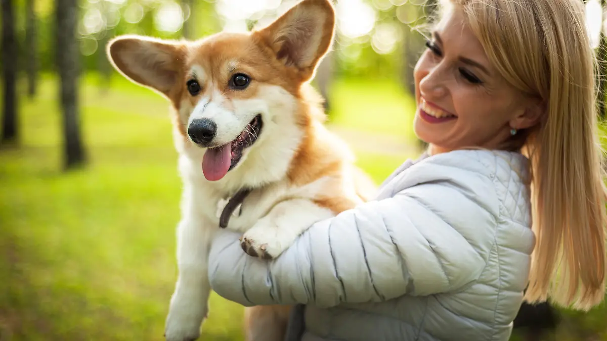 Frau mit Corgi