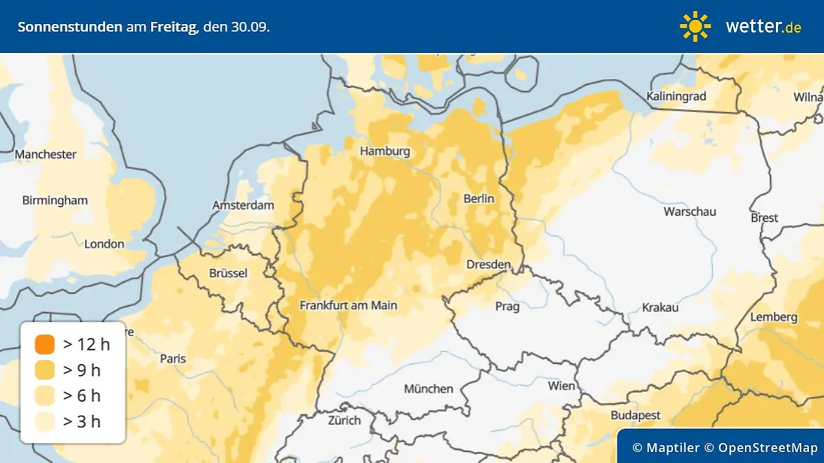 Die Grafik zeigt die Sonnenstunden am Freitag, 30.09.2022