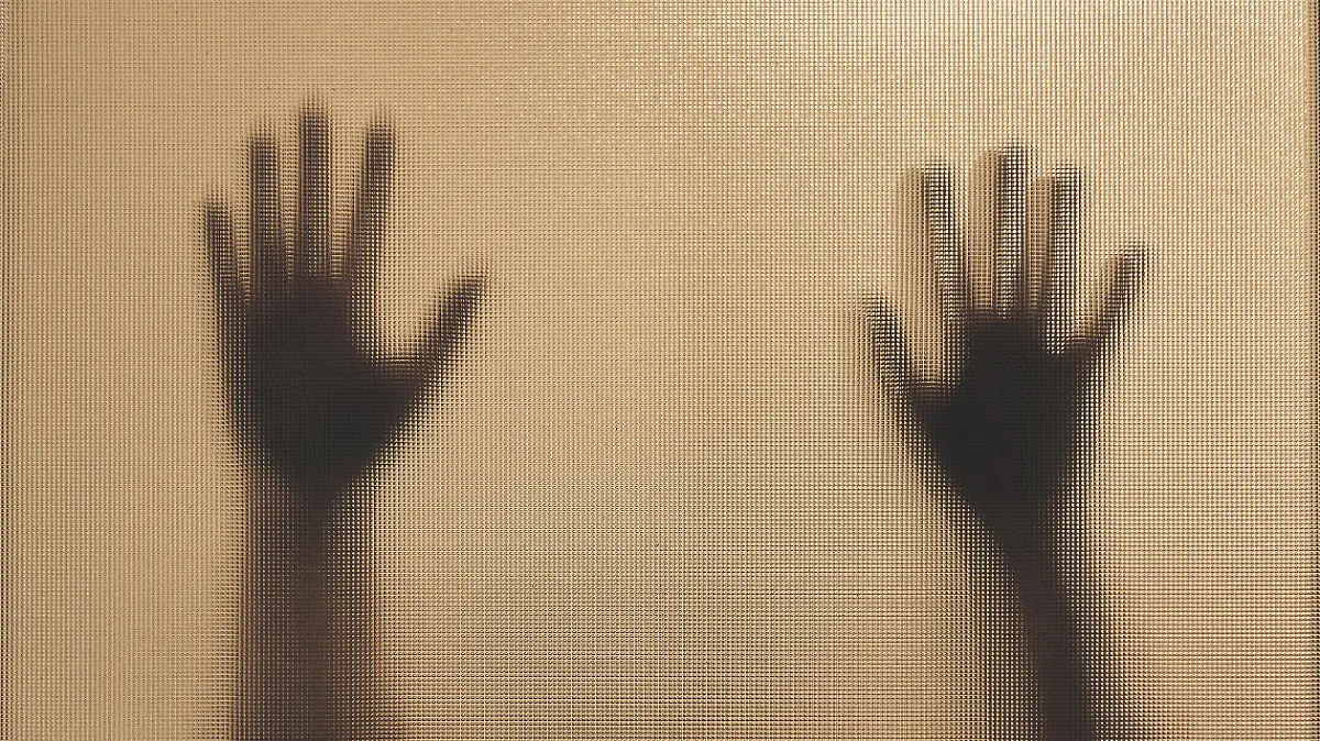 Back lit image of the silhouette of a woman with her hands pressed against a glass window. The silhouette is distorted, and the arms elongated, giving an alien-like quality. The image is sinister and foreboding, with an element of horror. It is as if the 'woman' is trying to escape from behind the glass.