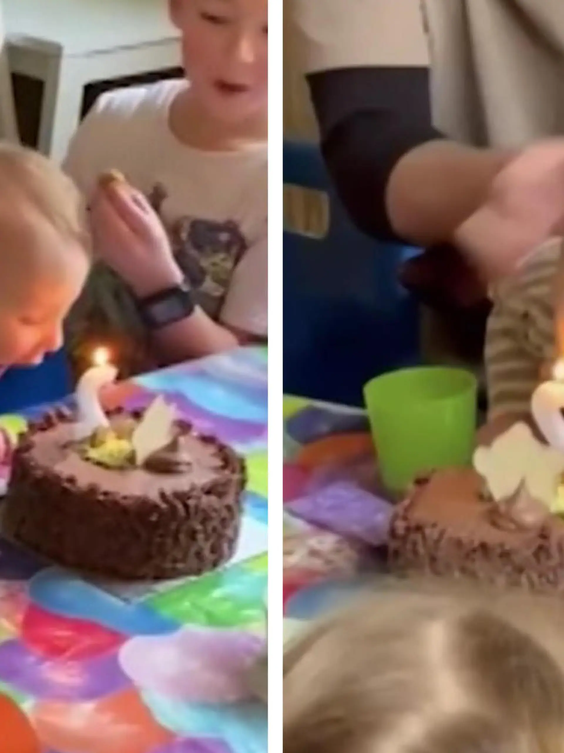 Dieser kleine Junge kann sich nicht zurückhalten, in die schokoladige Geburtstagstorte zu beißen. Dabei gerät seine Augenbraue beinahe in die brennende Kerze und fängt fast Feuer. Der Vater zieht ihn sofort zurück und kann eine Verbrennung seines Sohnes gerade so verhindern.
