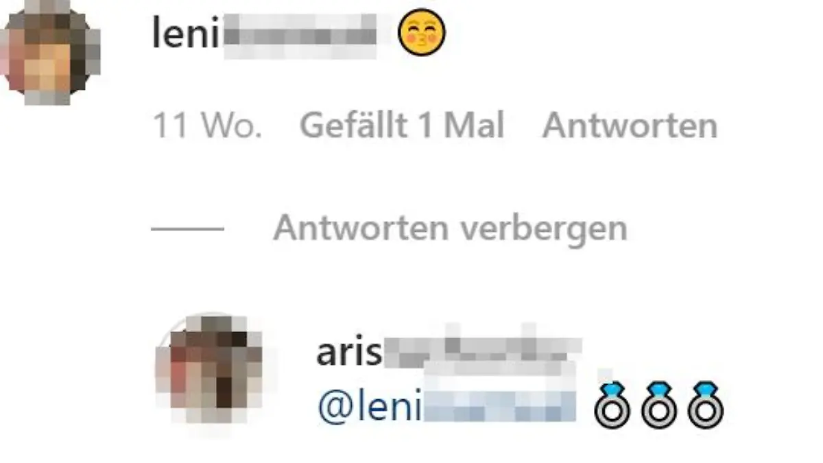Dieses Foto von Aris Rachevsky kommentiert Leni mit einem Kussmund-Emoji. Aris antwortet mit Verlobunsringen.