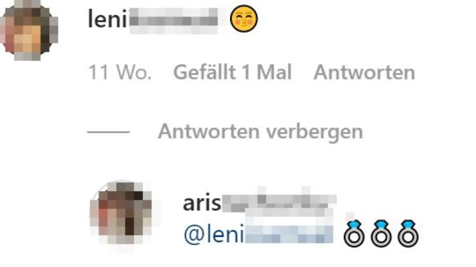 Dieses Foto von Aris Rachevsky kommentiert Leni mit einem Kussmund-Emoji. Aris antwortet mit Verlobunsringen.