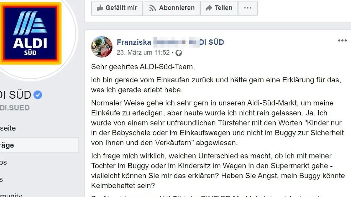 Facebookeintrag Mutter Aldi Süd