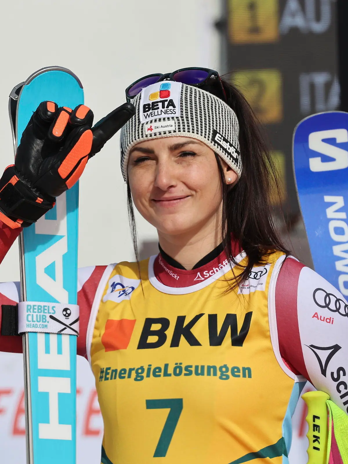 Austria's Stephanie Venier smiles after winning an alpine ski, women's World Cup super-G, in Crans Montana, Switzerland, Sunday, Feb. 18, 2024. (AP Photo/Marco Trovati)