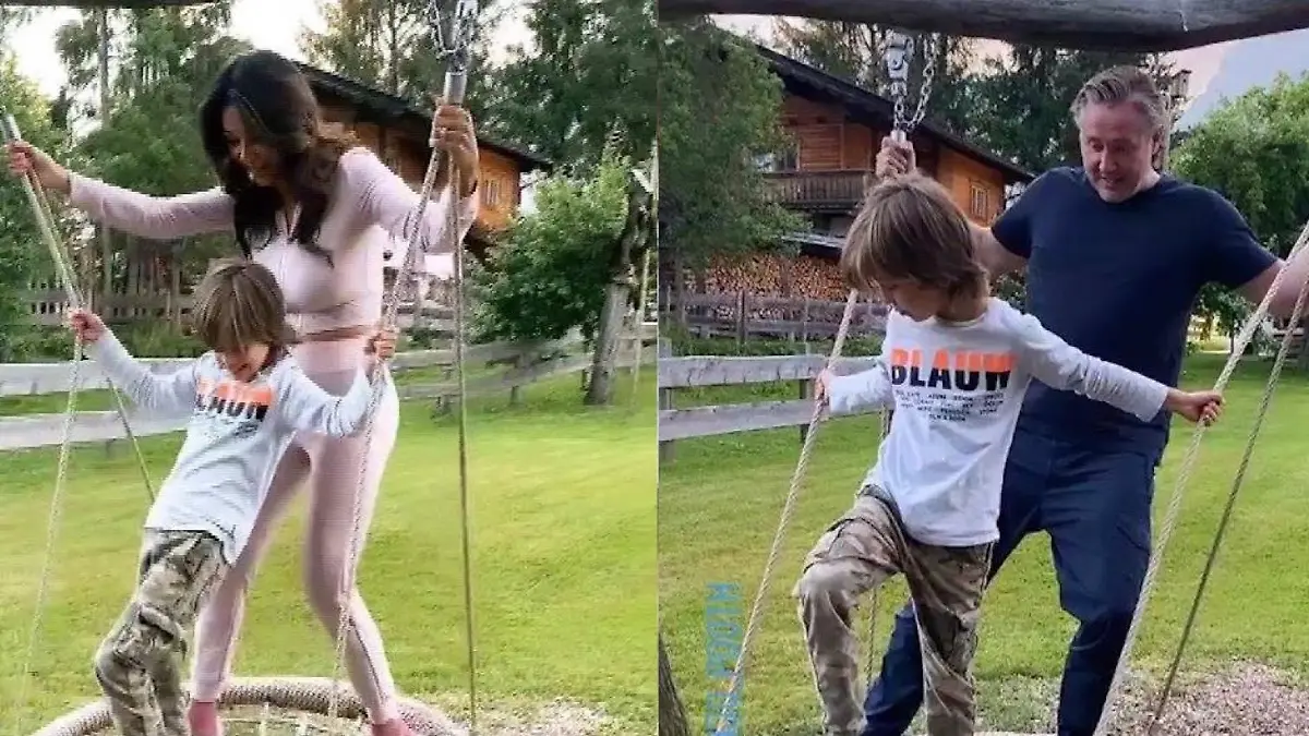 Verona und ihr Mann Franjo Pooth schaukeln im Urlaub mit Söhnchen Rocco.