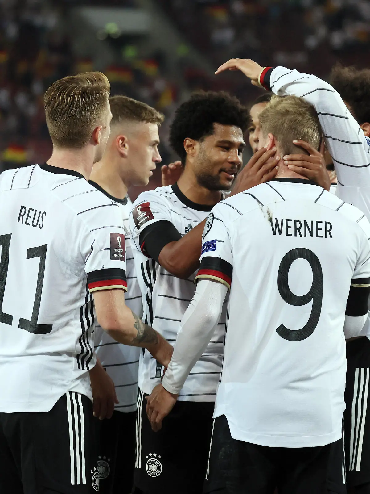 05.09.21 Deutschland - Armenien Deutschland, Stuttgart, 05.09.2021, Fussball, WM Qualifikation, DFB Deutschland - Armenien: v.l. Marco Reus, Serge Gnabry, Timo Werner alle Deutschland Jubel Tor 3:0 Reus. *** 05 09 21 Germany Armenia Germany, Stuttgart, 05 09 2021, football, world cup qualification, DFB Germany Armenia v l Marco Reus, Serge Gnabry, Timo Werner all Germany cheer goal 3 0 Reus 