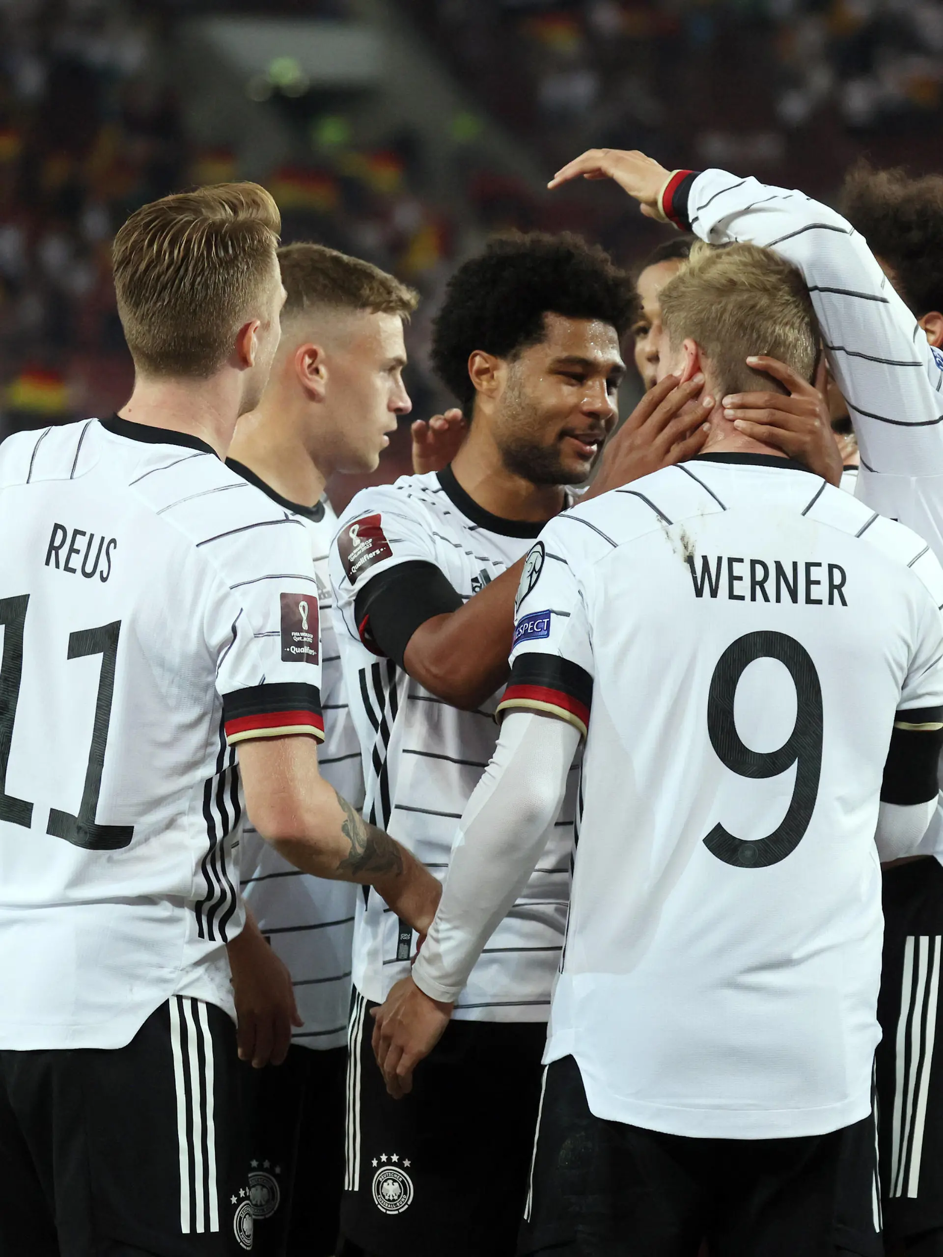 05.09.21 Deutschland - Armenien Deutschland, Stuttgart, 05.09.2021, Fussball, WM Qualifikation, DFB Deutschland - Armenien: v.l. Marco Reus, Serge Gnabry, Timo Werner alle Deutschland Jubel Tor 3:0 Reus. *** 05 09 21 Germany Armenia Germany, Stuttgart, 05 09 2021, football, world cup qualification, DFB Germany Armenia v l Marco Reus, Serge Gnabry, Timo Werner all Germany cheer goal 3 0 Reus 