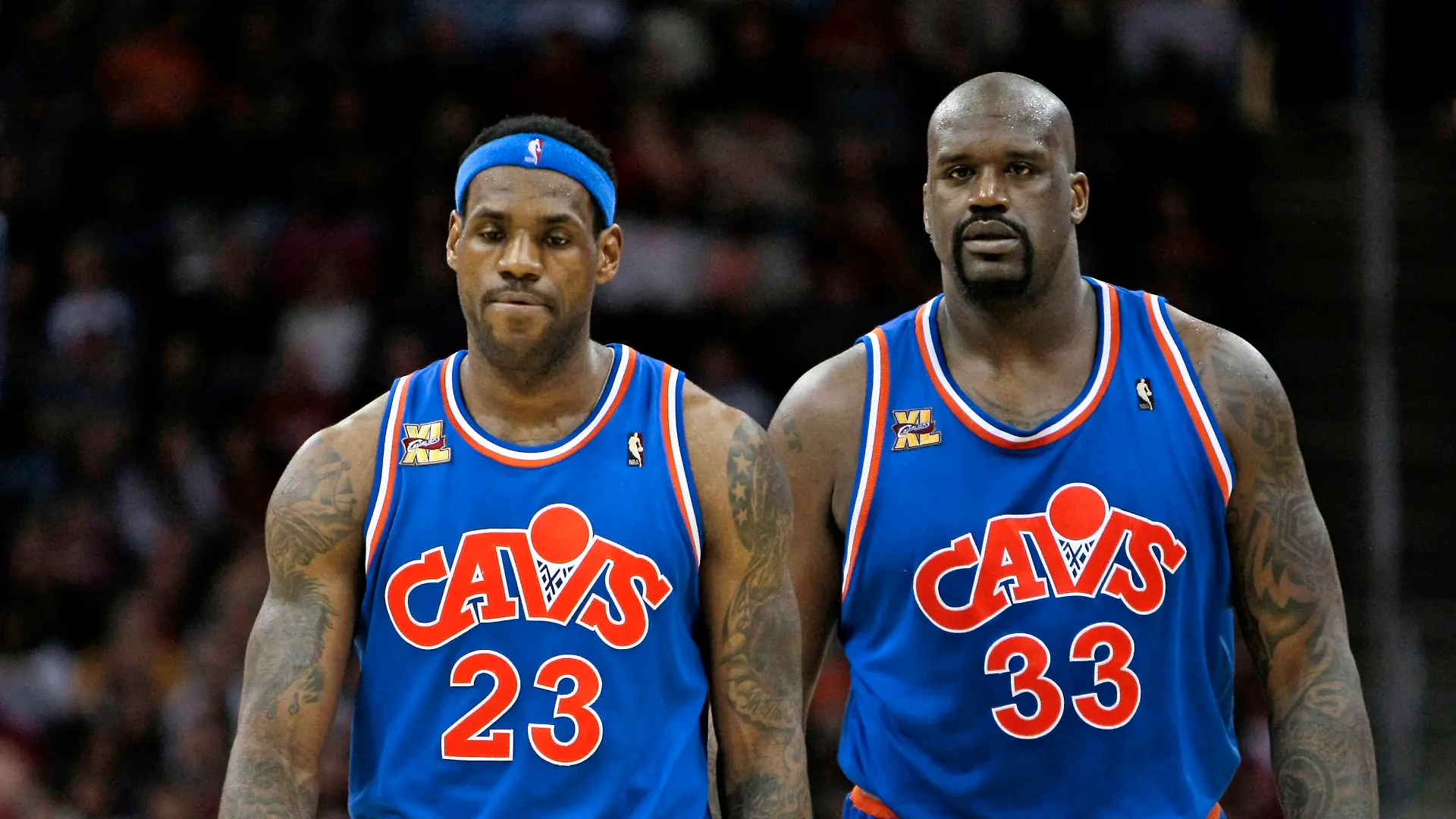 Cleveland Cavaliers forward LeBron James (23) and Shaquille O'Neal (33) in an NBA basketball game against the New Orleans Hornets Tuesday, Feb. 23, 2010, in Cleveland. (AP Photo/Tony Dejak)