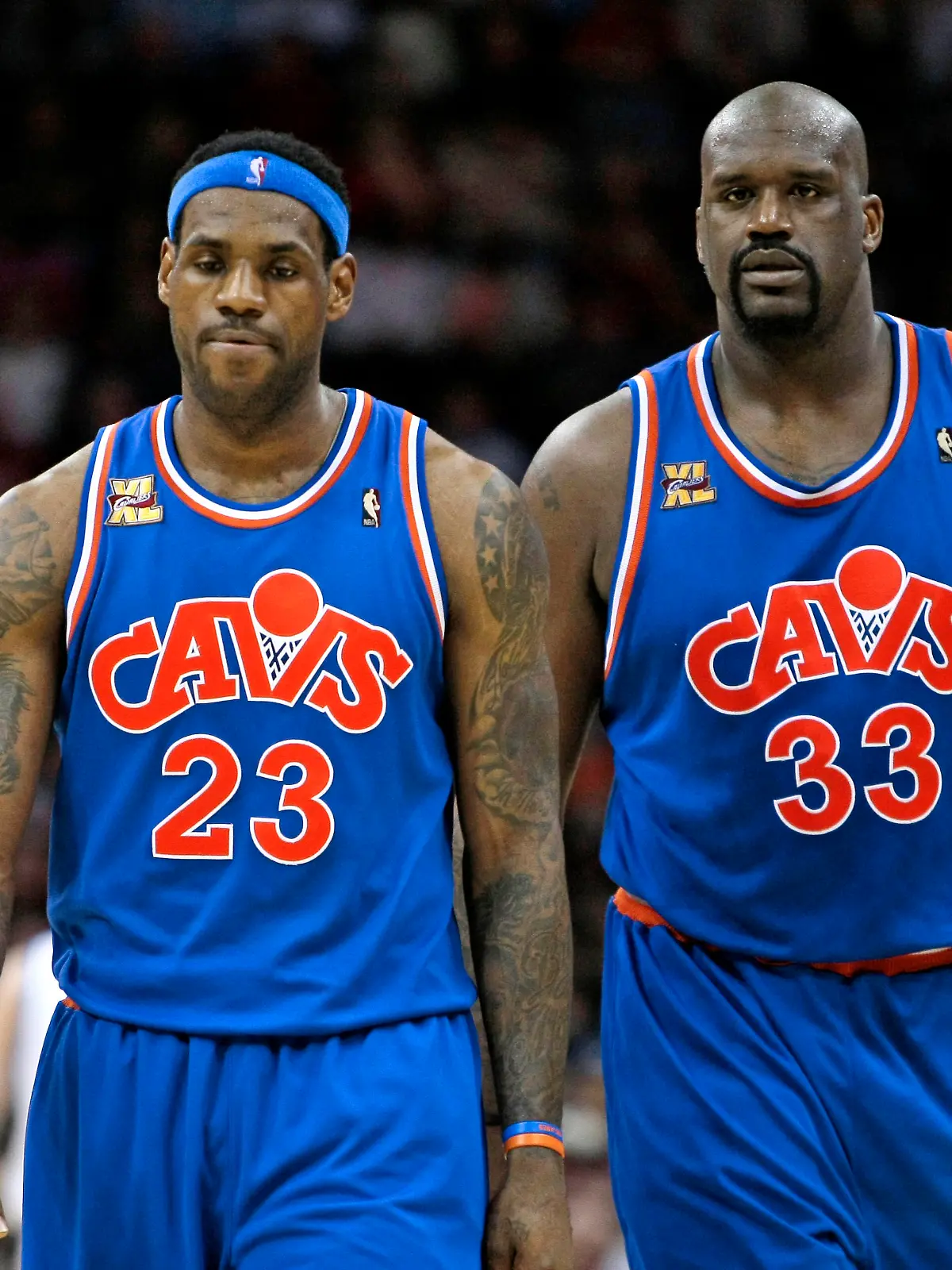 Cleveland Cavaliers forward LeBron James (23) and Shaquille O'Neal (33) in an NBA basketball game against the New Orleans Hornets Tuesday, Feb. 23, 2010, in Cleveland. (AP Photo/Tony Dejak)
