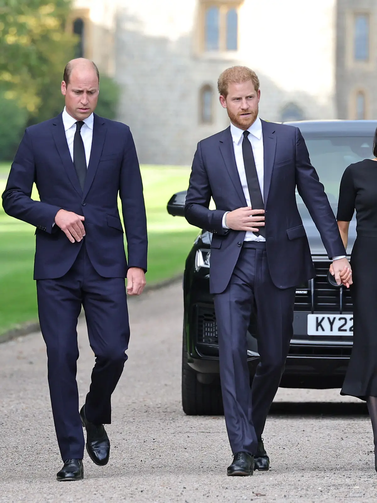 WINDSOR, ENGLAND - SEPTEMBER 10: Catherine, Princess of Wales, Prince William, Prince of Wales, Prince Harry, Duke of Sussex, and Meghan, Duchess of Sussex on the long Walk at Windsor Castle on September 10, 2022 in Windsor, England. Crowds have gathered and tributes left at the gates of Windsor Castle to Queen Elizabeth II, who died at Balmoral Castle on 8 September, 2022. 
Photo by Chris Jackson / WPA Rota
Distributed by nunn-syndication.com