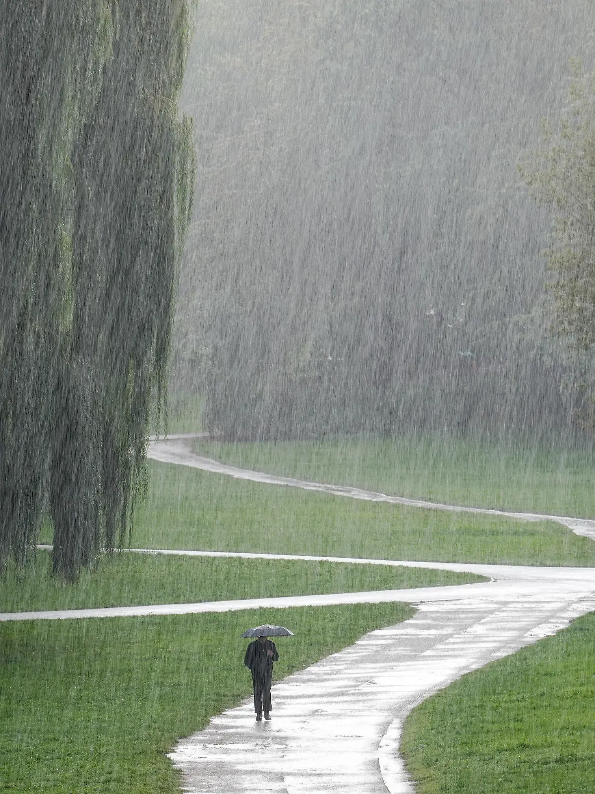 20.09.2022, Berlin: Ein Passant geht im strömenden Regen durch den Rudolph-Wilde-Park. Sonne und Regen wechseln sich zur Zeit in der Hauptstadt ab. Foto: Kay Nietfeld/dpa +++ dpa-Bildfunk +++
