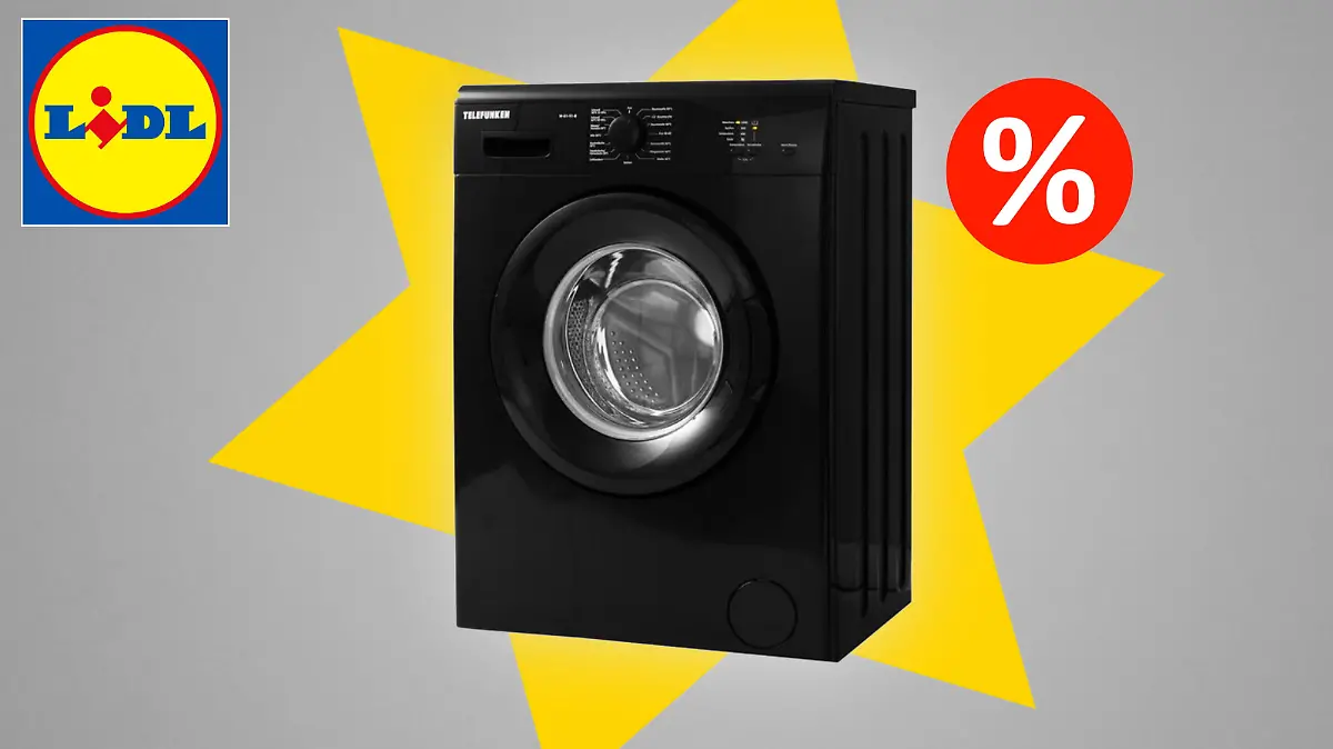 Eine schwarze Waschmaschine auf einem gelben Stern und blauem Hintergrund.