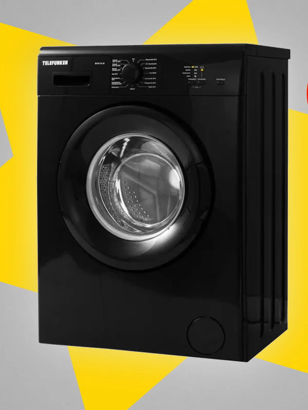 Eine schwarze Waschmaschine auf einem gelben Stern und blauem Hintergrund.