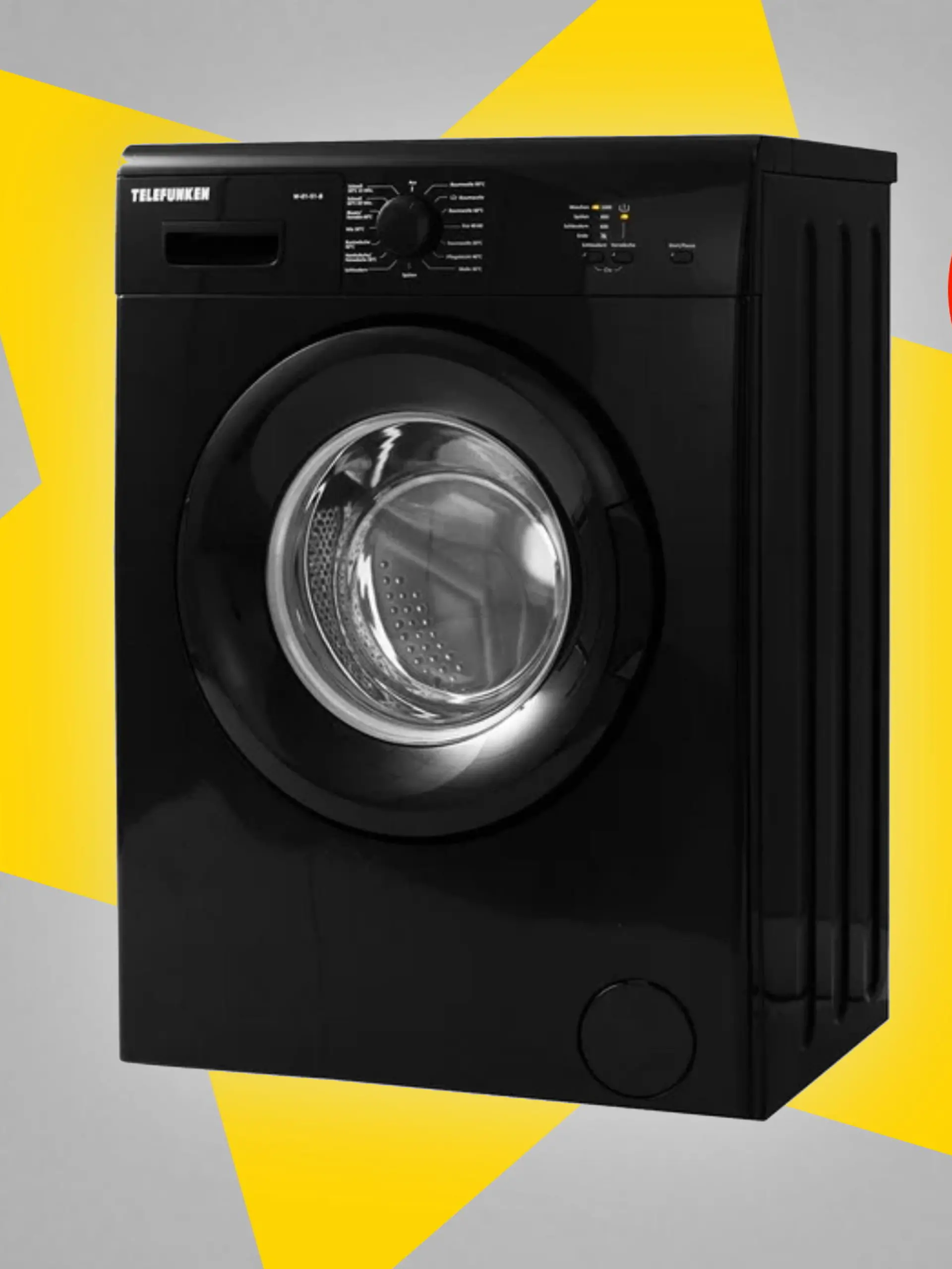 Eine schwarze Waschmaschine auf einem gelben Stern und blauem Hintergrund.