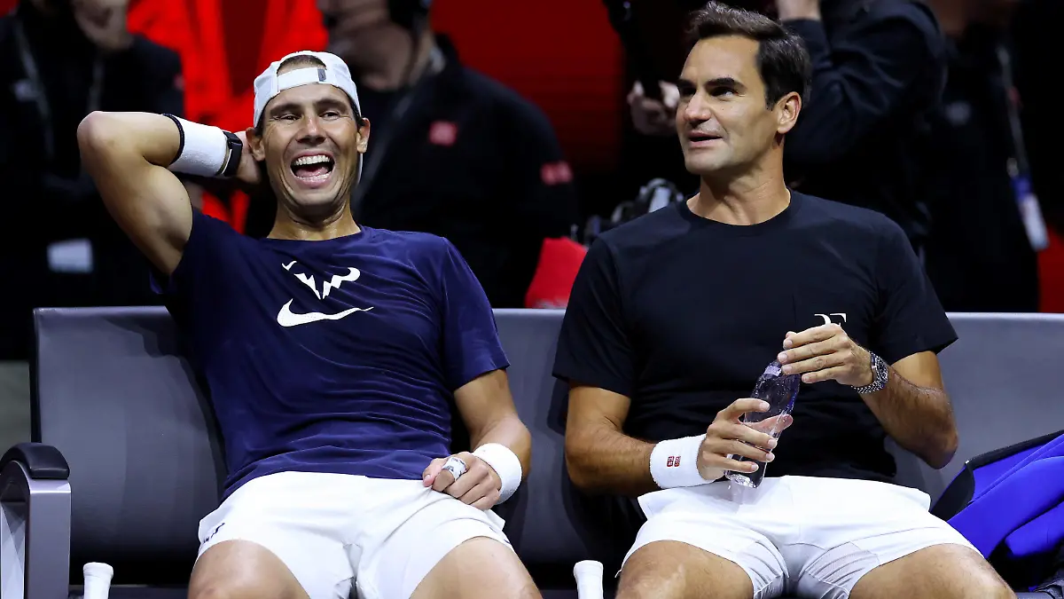 Mandatory Credit: Photo by Ella Ling/Shutterstock 13409454t Roger Federer and Rafael Nadal smile during Laver Cup practice Laver Cup, Tennis Tournament, Practise Day, 02 Arena, London, UK - 22 Sep 2022 Laver Cup, Tennis Tournament, Practise Day, 02 Arena, London, UK - 22 Sep 2022 PUBLICATIONxINxGERxSUIxAUTXHUNxGRExMLTxCYPxROMxBULxUAExKSAxONLY Copyright: xEllaxLing/Shutterstockx 13409454t 