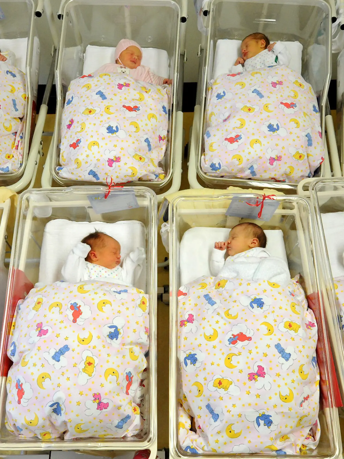 ARCHIV - Viele Babys liegen zusammen auf der Neugeborenenstation im Krankenhaus St. Elisabeth und St. Barbara in Halle in ihren Bettchen, aufgenommen am 05.01.2011. Foto: Waltraud Grubitzsch/dpa (zu dpa «Baby-Boom in Bayern: Höchste Geburtenzahl seit 15 Jahren» vom 10.06.2016) +++(c) dpa - Bildfunk+++