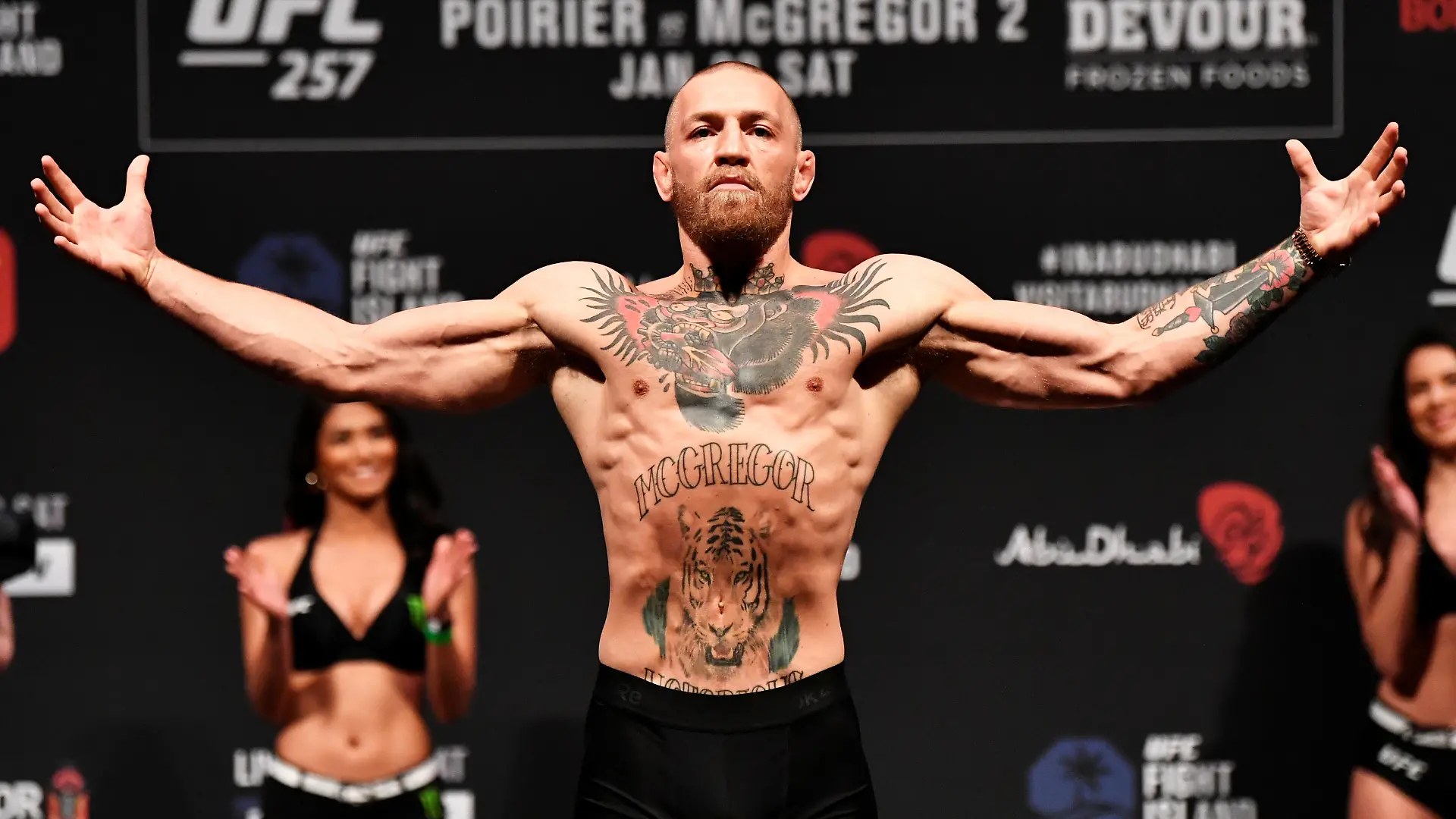 Jan 22, 2021; Abu Dhabi, UNITED ARAB EMIRATES; Conor McGregor of Ireland poses on the scale during the UFC 257 weigh-in at Etihad Arena on UFC Fight Island on January 22, 2021 in Abu Dhabi, United Arab Emirates. Mandatory Credit: Jeff Bottari/Handout Photo via USA TODAY Sports TPX IMAGES OF THE DAY