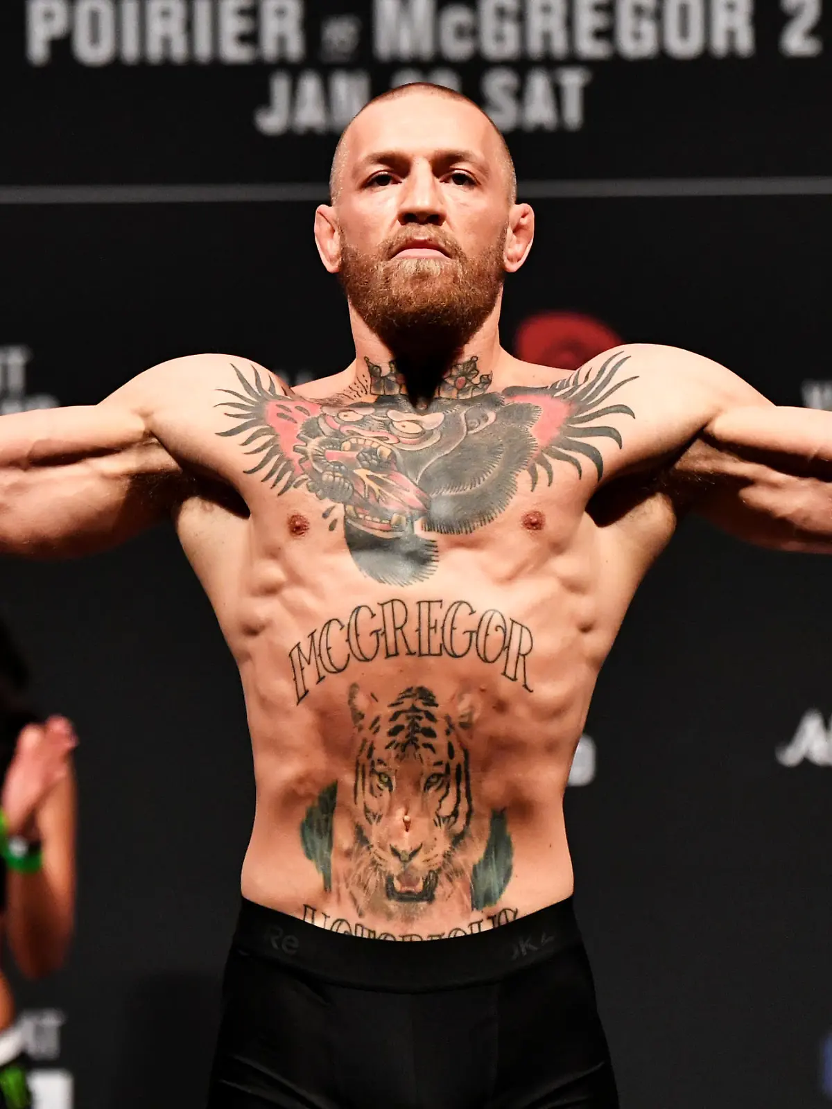 Jan 22, 2021; Abu Dhabi, UNITED ARAB EMIRATES;   Conor McGregor of Ireland poses on the scale during the UFC 257 weigh-in at Etihad Arena on UFC Fight Island on January 22, 2021 in Abu Dhabi, United Arab Emirates. Mandatory Credit: Jeff Bottari/Handout Photo via USA TODAY Sports     TPX IMAGES OF THE DAY