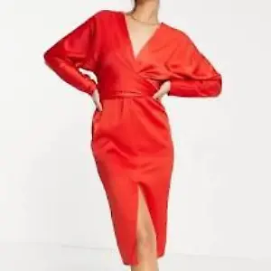 Midikleid aus rotem Satin mit Fledermausärmeln von Asos Design