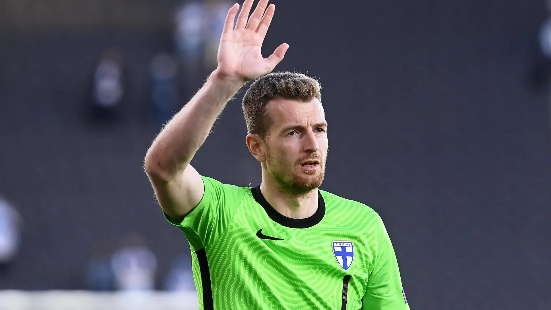 Goalkeeper Lukas Hradecky of Finland greets fans after the friendly football match Finland vs Estonia in Helsinki, Finland on Friday June 4, 2021. Estonia won 0-1. Helsinki Finland LKLAPV20210604205302Z206 PUBLICATIONxNOTxINxSUIxAUTxFRAxKORxJPNxSWExNORxFINxDENxNED Copyright: xVesaxMoilanenx