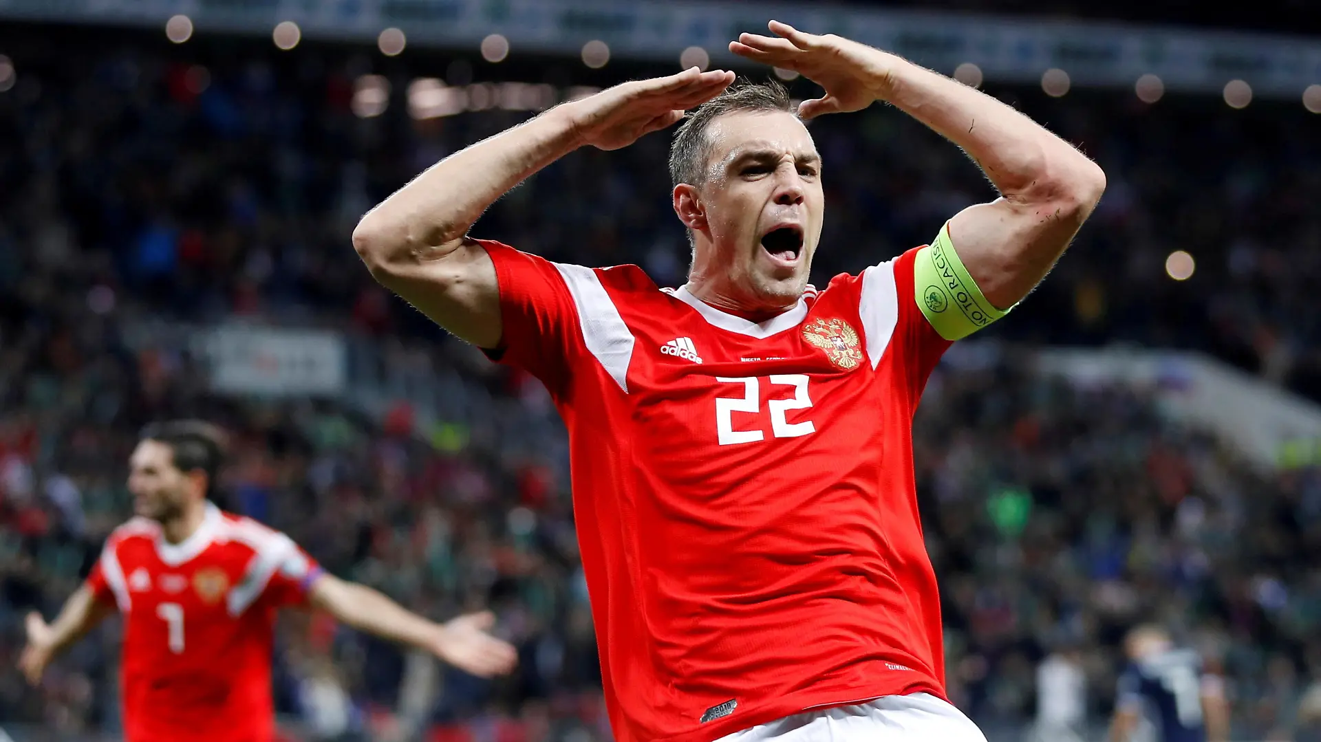 FILE PHOTO: Soccer Football - Euro 2020 Qualifier - Group I - Russia v Scotland - Luzhniki Stadium, Moscow, Russia - October 10, 2019 Russia's Artem Dzyuba celebrates scoring their third goal REUTERS/Evgenia Novozhenina/File Photo