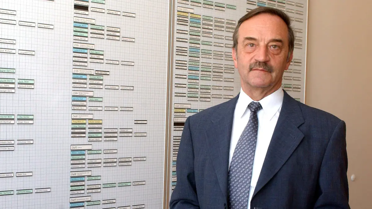 Der Vizechef der Polizei von Frankfurt am Main, Wolfgang Daschner, steht am 24.2.2003 in seinem Dienstzimmer im Frankfurter Polizeipräsidium. In der heißen Phase des Entführungs- und Mordfalls Jakob von Metzler hatte die Frankfurter Polizei im September 2002 auf Anordnung Daschners zu Drohungen mit unmittelbarer Gewalt gegriffen, um den Tatverdächtigen dazu zu bringen, den Aufenthaltsort des Jungen preiszugeben. Gegen Daschner und einen Vernehmungsbeamten wird deshalb derzeit wegen Aussage-Erpressung ermittelt. Daschner selbst hatte den Vorgang in einer Aktennotiz festgehalten und sich auf den Notstands-Paragrafen berufen. Ziel sei es gewesen, das Leben des Jungen zu retten. Unter Juristen ist es umstritten, ob sich auf Amtspersonen auf diese Rechtsnorm berufen können.