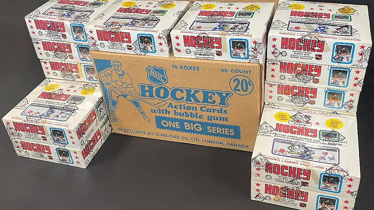 In this undated photo provided by Heritage Auctions, a case of old hockey cards, uncovered in a Canadian home, has fetched more than $3.7 million. Heritage Auctions says a winning bidder bought the case of 16 sealed boxes of O-Pee-Chee's 1979 hockey card collection, amounting to more than 10,000 cards. (Courtesy of Heritage Auctions/The Canadian Press via AP)