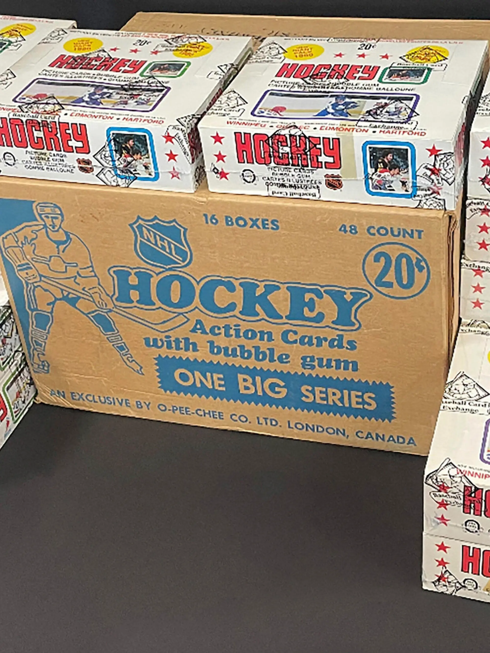 In this undated photo provided by Heritage Auctions, a case of old hockey cards, uncovered in a Canadian home, has fetched more than $3.7 million. Heritage Auctions says a winning bidder bought the case of 16 sealed boxes of O-Pee-Chee's 1979 hockey card collection, amounting to more than 10,000 cards. (Courtesy of Heritage Auctions/The Canadian Press via AP)