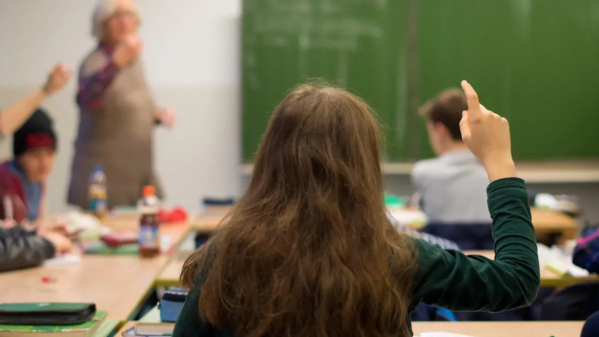 Eine Schülerin meldet sich am 27.11.2013 im Biologieunterricht einer 8. Klasse in einem Gymnasium in Hannover (Niedersachsen). Die von der rot-grünen Landesregierung geplante Mehrarbeit für Gymnasiallehrer steht im Mittelpunkt der Jahrestagung des niedersächsischen Philologenverbandes. Foto: Julian Stratenschulte/dpa +++(c) dpa - Bildfunk+++