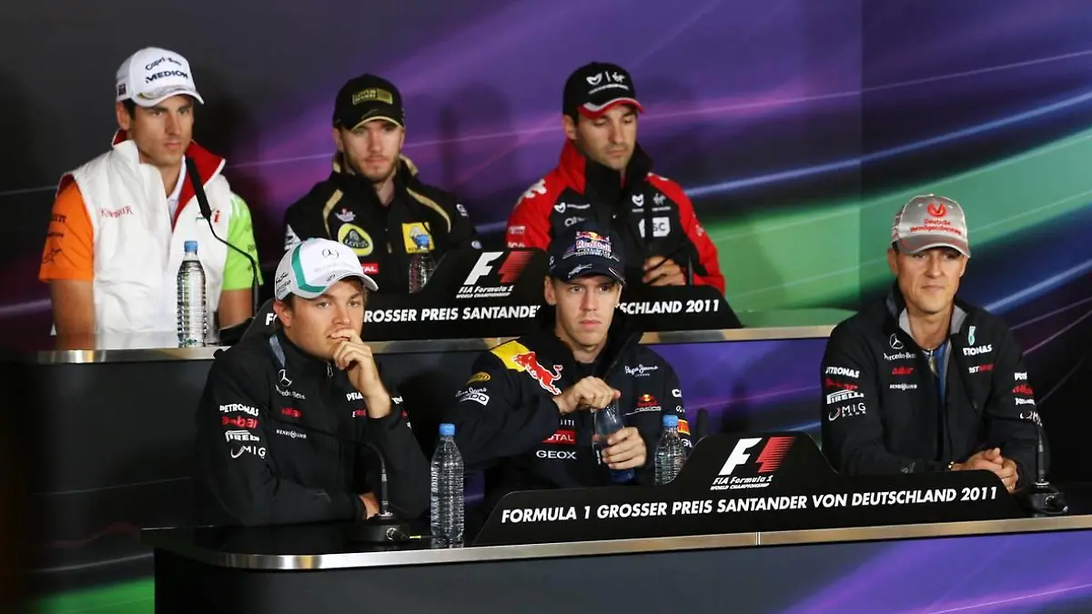 21.07.2011 , Germany, Adrian Sutil (GER), Force India F1 Team, Nico Rosberg (GER), Mercedes GP Petronas F1 Team, Nick Heidfeld (GER), Lotus Renault GP, Sebastian Vettel (GER), Red Bull Racing, Timo Glock (GER), Marussia Virgin Racing, Michael Schumacher (GER), Mercedes GP Petronas F1 Team - Formula 1 World Championship, Rd 10, German Grand Prix, Thursday Press Conference - www.xpb.cc, EMail: info@xpb.cc - copy of publication required for printed pictures. Every used picture is fee-liable. © Copyright: Davenport / xpb.cc