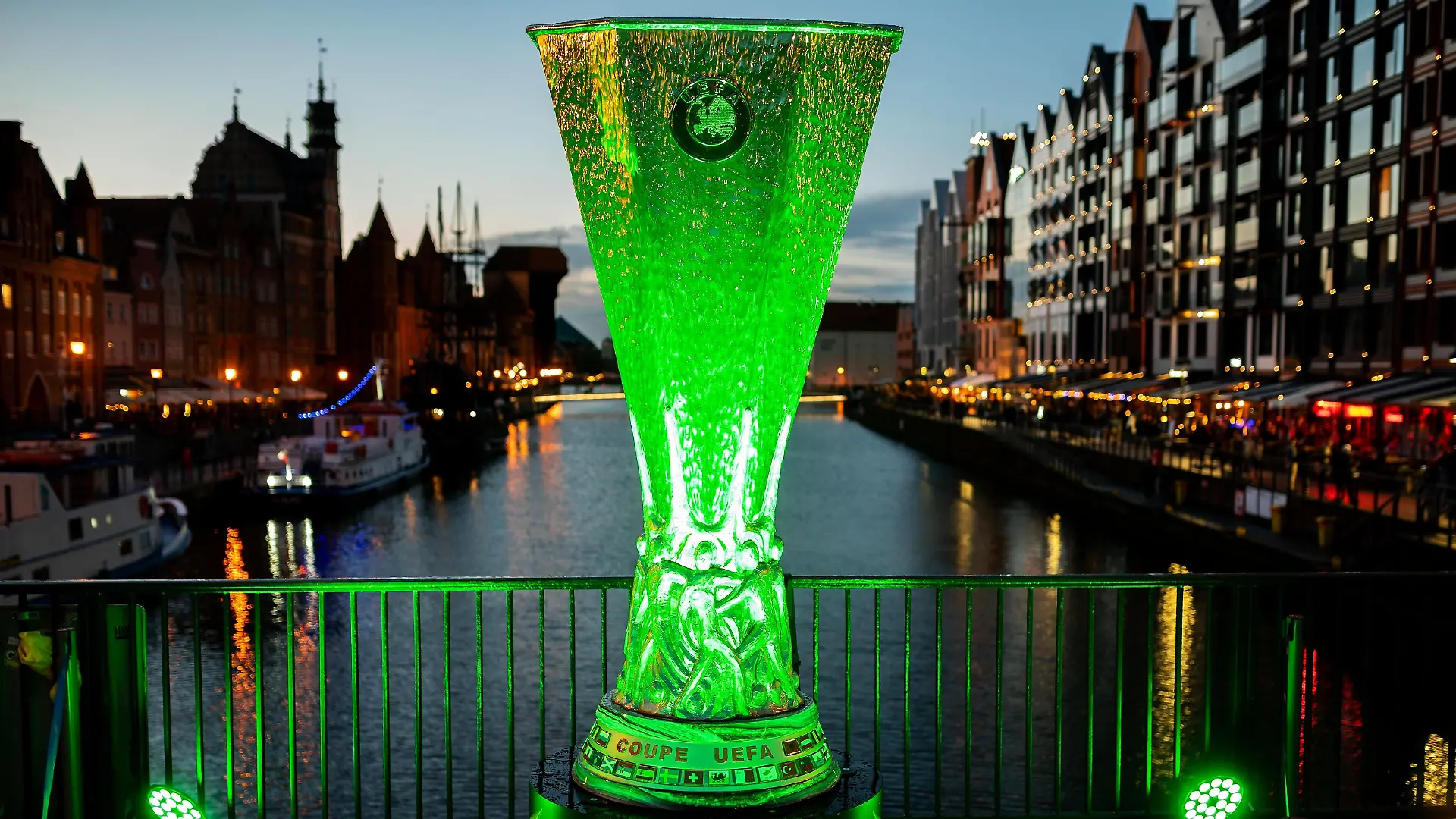 May 22, 2021, Gdansk, Poland: A three-meter replica of the Europa League Cup seen on the Green Bridge in the Main Town in Gdansk. Gdansk is the host of the Europa League final, in which the teams Mancheter United and Villareal CF will play. The final will take place on Wednesday, May 26 at 21:00 at the Polsat Plus Arena Stadium in Gdansk. (Credit Image: © Mateusz Slodkowski/ZUMA Wire