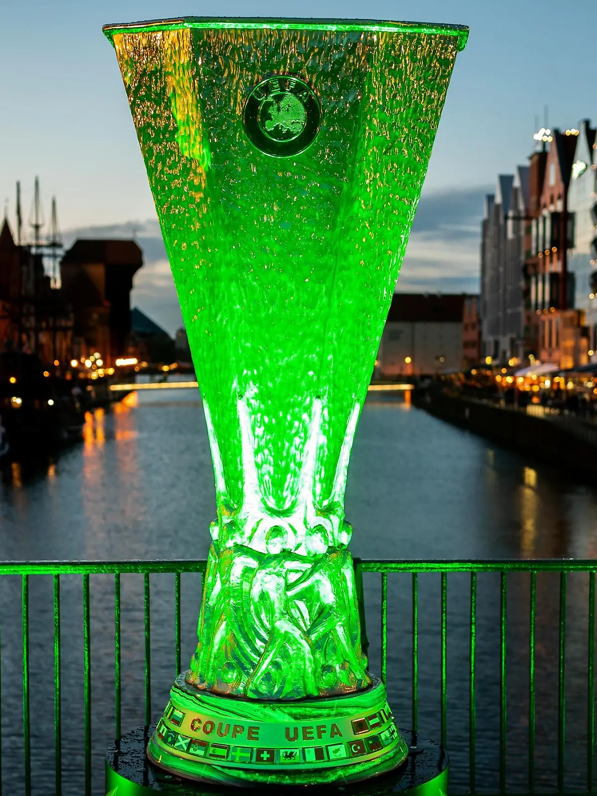 May 22, 2021, Gdansk, Poland: A three-meter replica of the Europa League Cup seen on the Green Bridge in the Main Town in Gdansk. Gdansk is the host of the Europa League final, in which the teams Mancheter United and Villareal CF will play. The final will take place on Wednesday, May 26 at 21:00 at the Polsat Plus Arena Stadium in Gdansk. (Credit Image: Â© Mateusz Slodkowski/ZUMA Wire