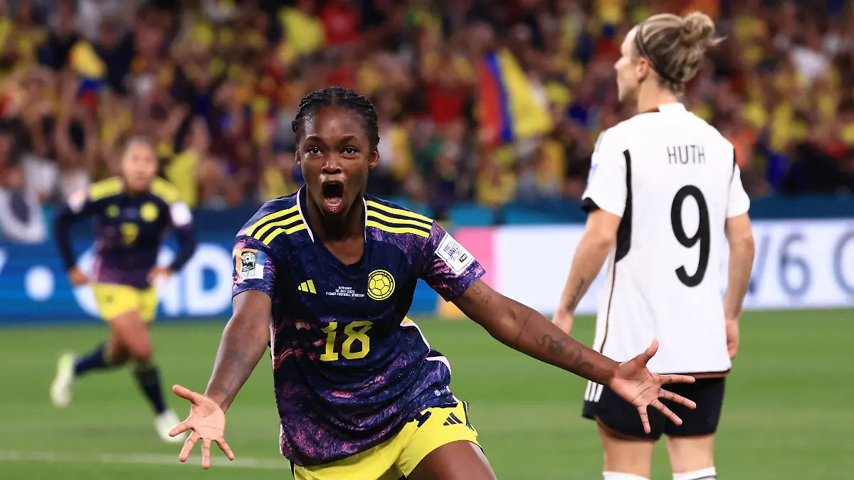 30.07.2023, Australien, Sydney: Fußball, Frauen: WM, Deutschland - Kolumbien, Vorrunde, Gruppe H, 2. Spieltag im Sydney Football Stadium: Linda Caicedo aus Kolumbien jubelt nach ihrem Tor zum 0:1. Foto: Mark Evans/AAP/dpa +++ dpa-Bildfunk +++