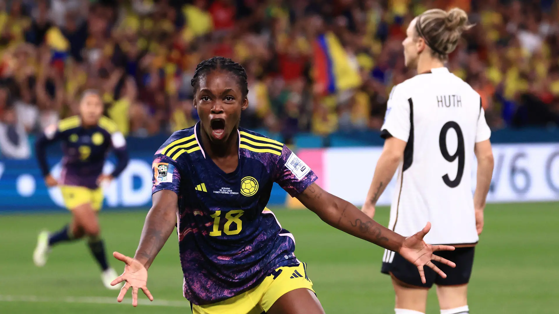 30.07.2023, Australien, Sydney: Fußball, Frauen: WM, Deutschland - Kolumbien, Vorrunde, Gruppe H, 2. Spieltag im Sydney Football Stadium: Linda Caicedo aus Kolumbien jubelt nach ihrem Tor zum 0:1. Foto: Mark Evans/AAP/dpa +++ dpa-Bildfunk +++