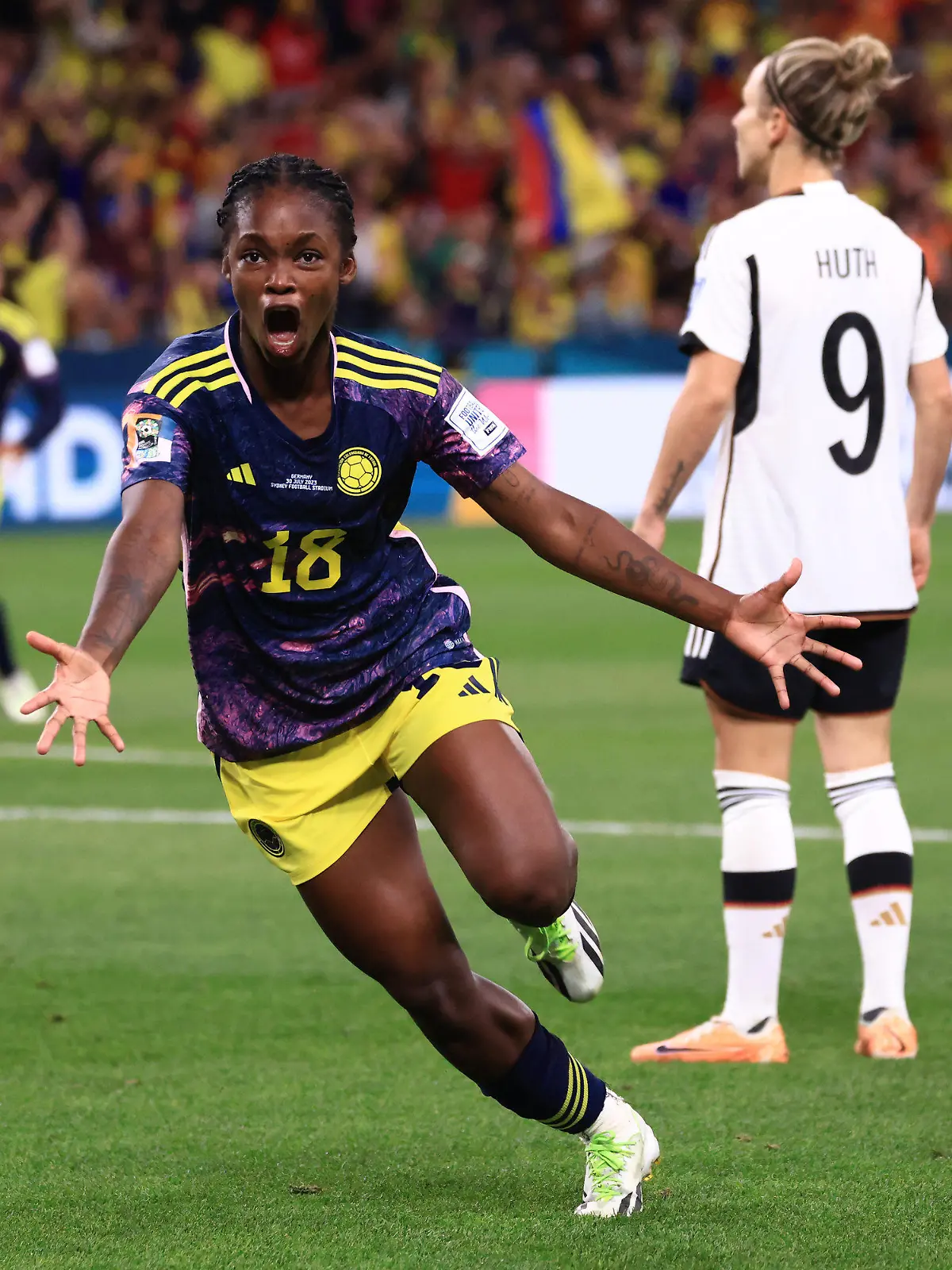 30.07.2023, Australien, Sydney: Fußball, Frauen: WM, Deutschland - Kolumbien, Vorrunde, Gruppe H, 2. Spieltag im Sydney Football Stadium: Linda Caicedo aus Kolumbien jubelt nach ihrem Tor zum 0:1. Foto: Mark Evans/AAP/dpa +++ dpa-Bildfunk +++