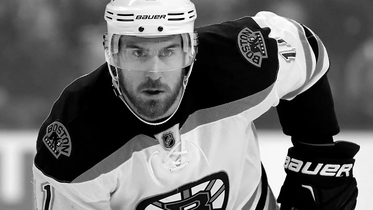 FILE - In this Jan. 13, 2016, file photo, Boston Bruins' Jimmy Hayes looks on during an NHL hockey game against the Philadelphia Flyers in Philadelphia. Kevin Hayes spent a life in step with big brother Jimmy, a couple of kids from Boston's largest neighborhood who attended the same boarding school, same college and, ultimately, played head-to-head in the NHL. In August, Kevin Hayes stood behind to a lectern inside a jammed Catholic parish, steeled his nerves and told mourners about the best brother in the world. (AP Photo/Tom Mihalek, File)