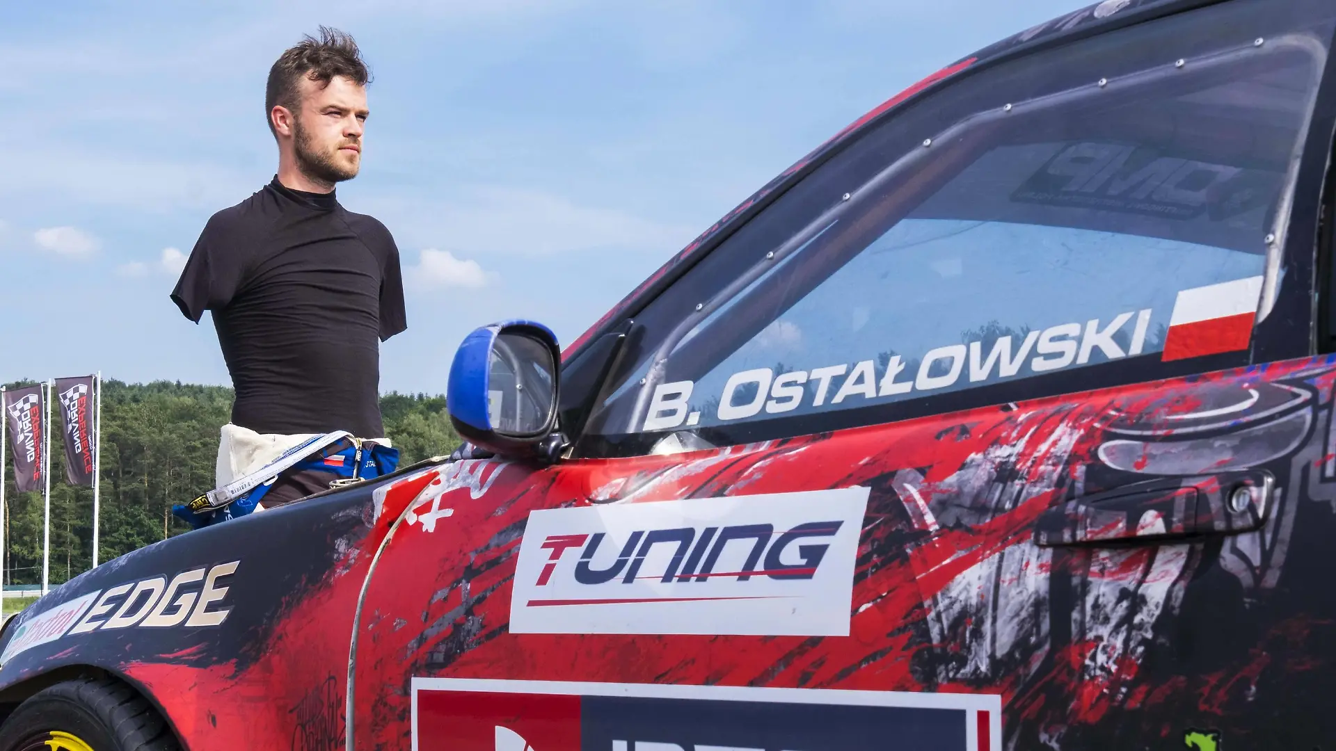 June 15, 2019 - Kielce, Poland - BARTOSZ OSTALOWSKI is the only drifter in the world with the FIA licence, driving his car with no hands. He lost both hands in the motorbike accident in 2006, at the age of 20. He is a pro driver, competes as equal with top pro drivers in races in Poland and Europe. He drives the specially designed car, changes gears with the right shoulder using a custom shifter extension and steers with the left foot. Pro drift driver with no hands, Poland - ZUMAp170 20190615_zip_p170_033 Copyright: xRobertxPastrykx