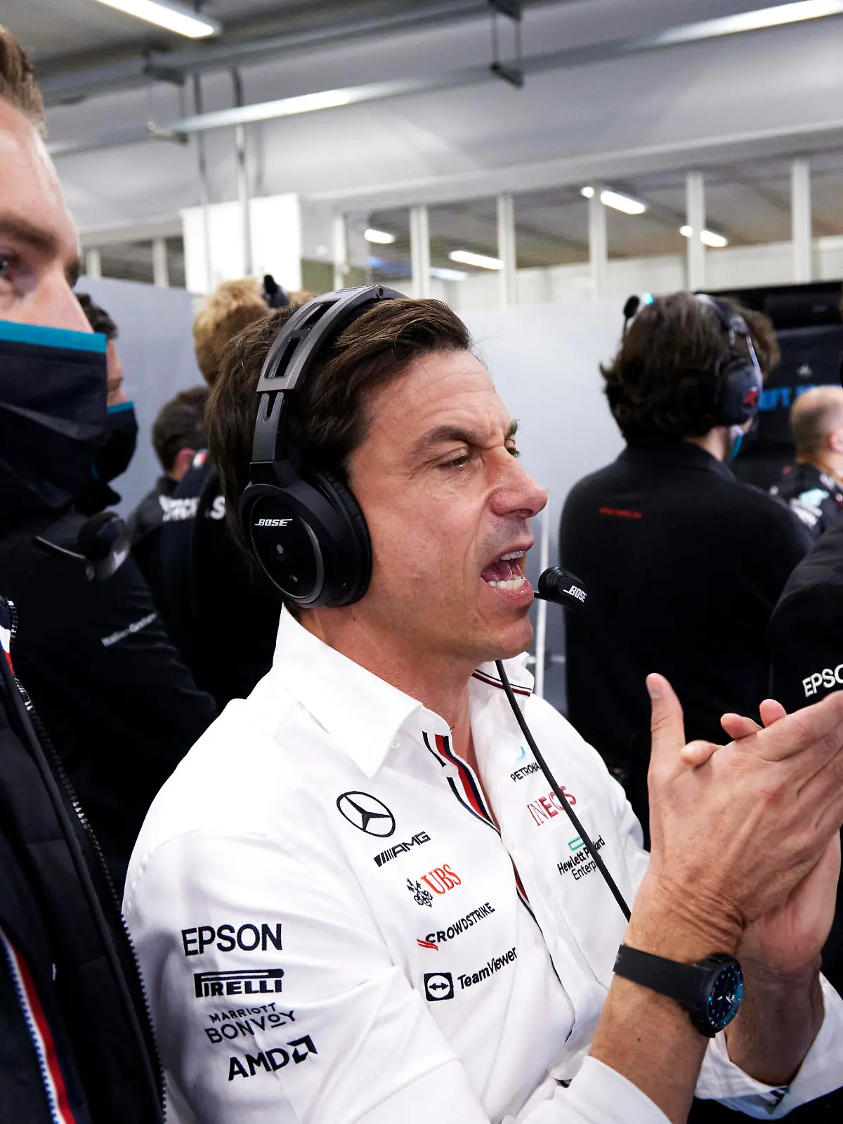Formula 1 2021: Brazilian GP AUToDROMO JOS CARLOS PACE, BRAZIL - NOVEMBER 13: Stoffel Vandoorne, Mercedes-AMG Petronas F1 reserve driver, and Toto Wolff, Team Principal and CEO, Mercedes AMG, in the garage during the Brazilian GP at Autodromo Jos Carlos Pace on Saturday November 13, 2021 in Sao Paulo, Brazil. Photo by Steve Etherington / LAT Images Images PUBLICATIONxINxGERxSUIxAUTxHUNxONLY GP2119_200349SNE37298 