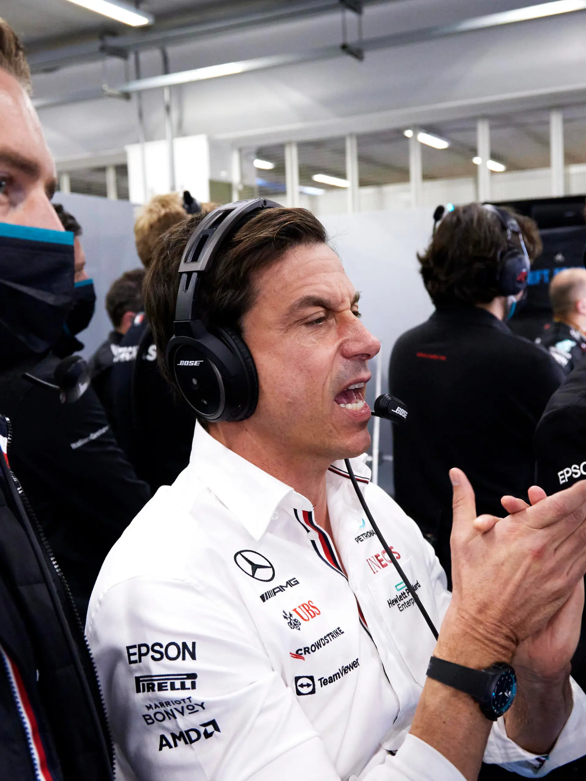Formula 1 2021: Brazilian GP AUToDROMO JOS CARLOS PACE, BRAZIL - NOVEMBER 13: Stoffel Vandoorne, Mercedes-AMG Petronas F1 reserve driver, and Toto Wolff, Team Principal and CEO, Mercedes AMG, in the garage during the Brazilian GP at Autodromo Jos Carlos Pace on Saturday November 13, 2021 in Sao Paulo, Brazil. Photo by Steve Etherington / LAT Images Images PUBLICATIONxINxGERxSUIxAUTxHUNxONLY GP2119_200349SNE37298 