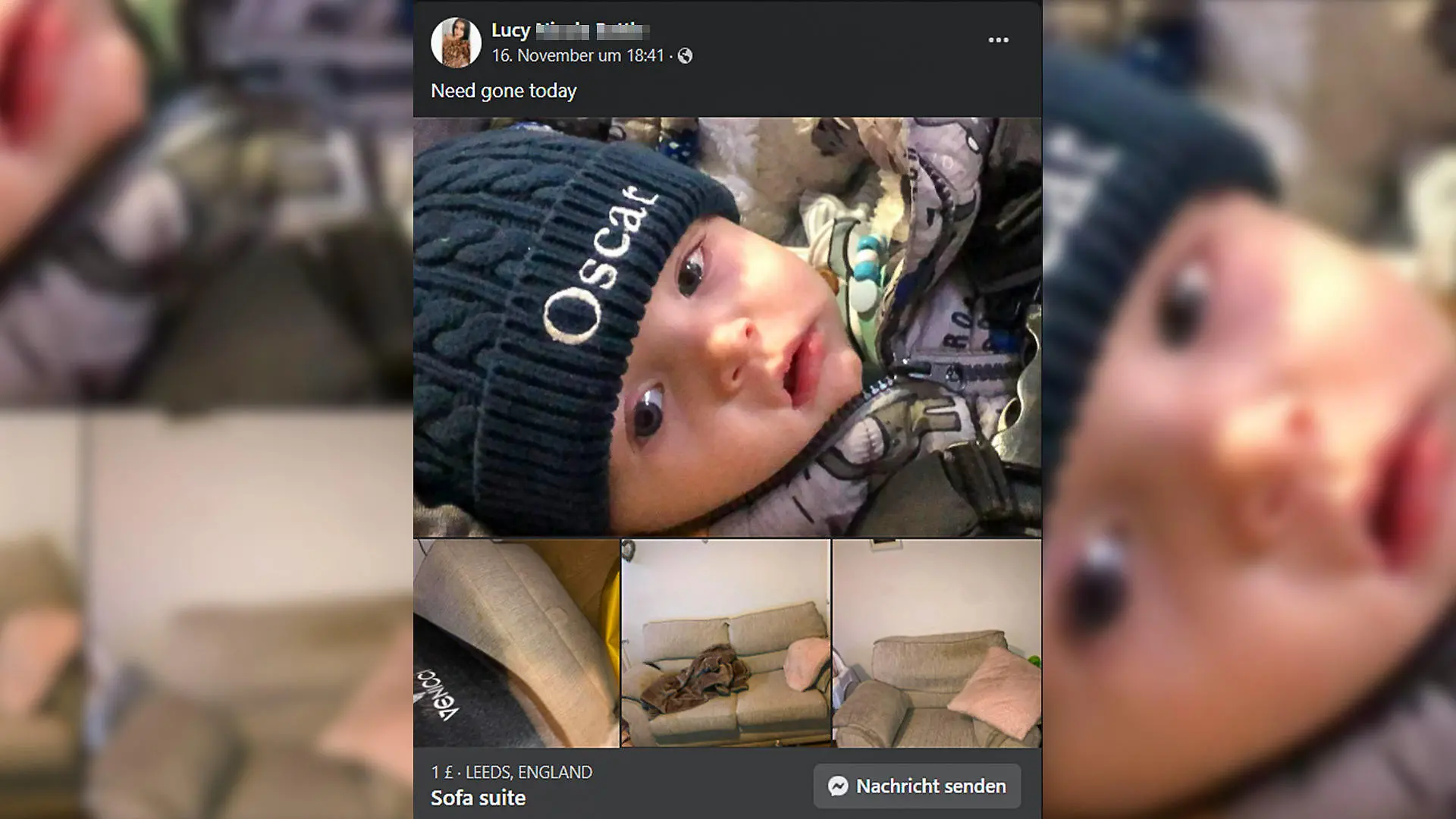 Bilder eines alten Sofas und eines Babys