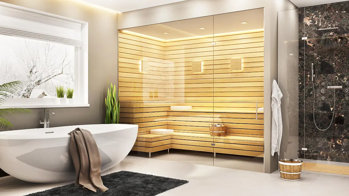 Beautiful bathroom with white bath and sauna and shower in a modern home