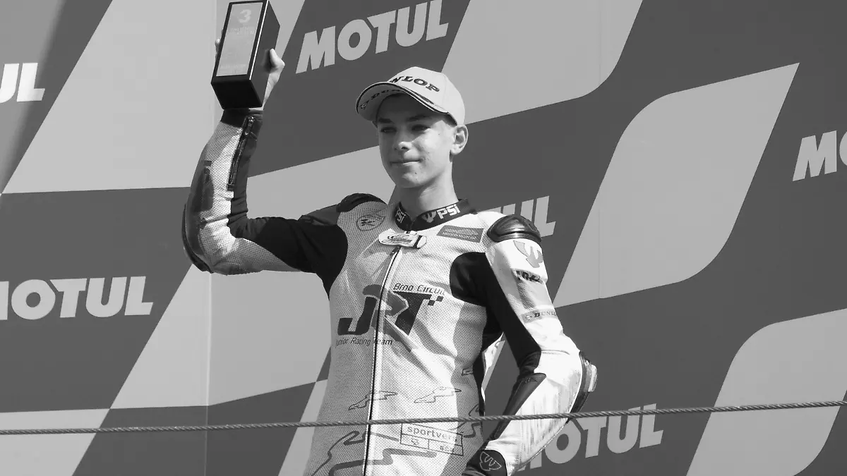 ASSEN, NETHERLANDS - JUNE 27: Jakub Gurecky of Czech Rep. and Northern Talent Cup celebrates the third place on the podium during the Northern Talent Cup race 2 during the MotoGP of Netherlands - Race at TT Circuit Assen on June 27, 2021 in Assen, Netherlands. (Photo by Mirco Lazzari gp/Getty Images)