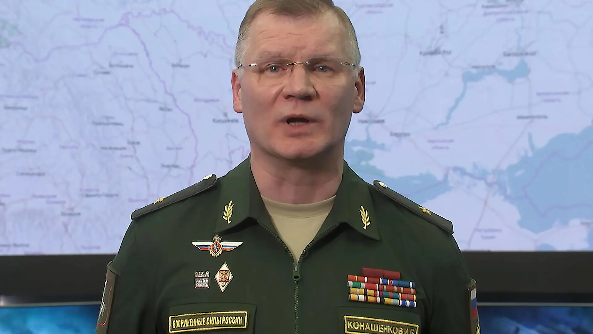 MOSCOW, RUSSIA FEBRUARY 24, 2022: Russian Defence Ministry Spokesman Igor Konashenkov gives a briefing on the situation in Ukraine, at the Russian National Defence Management Centre. Video screen grab/Russian Defence Ministry/TASS A STILL IMAGE TAKEN FROM VIDEO PROVIDED BY A THIRD PARTY. EDITORIAL USE ONLY PUBLICATIONxINxGERxAUTxONLY TS1252D1