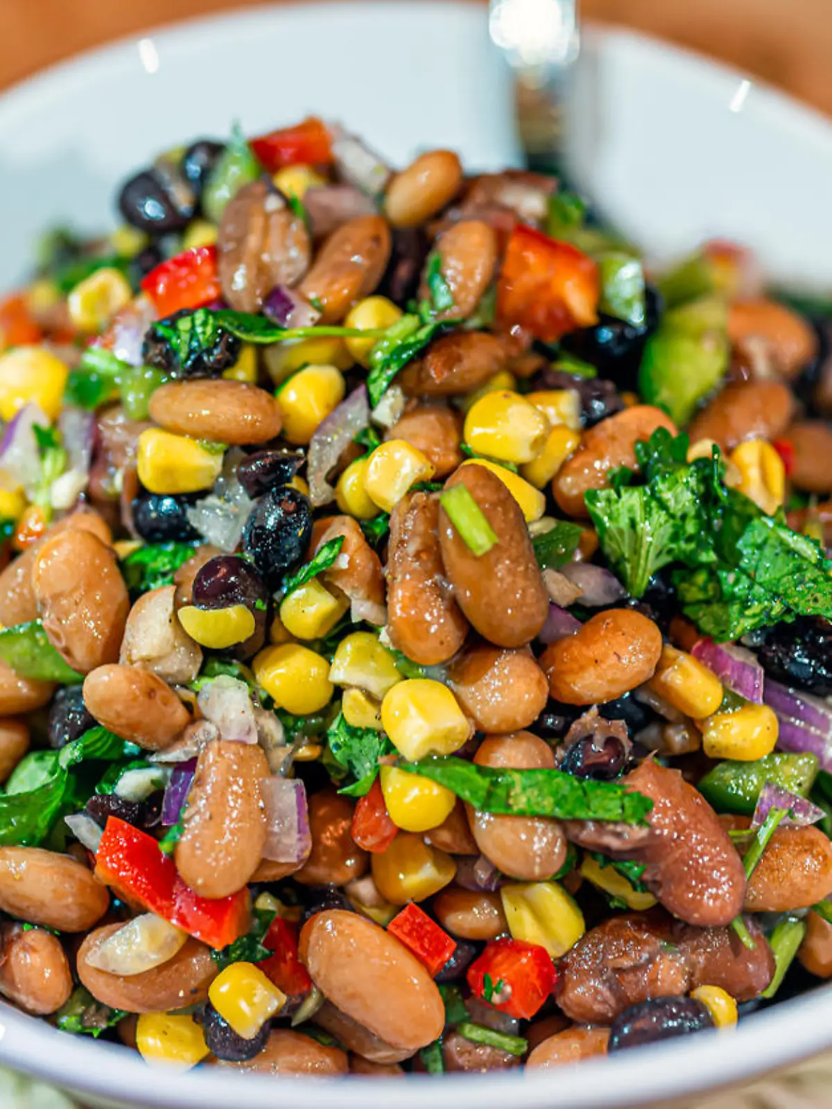 Macro closeup with texture of bean salad with cilantro, red onion, raisins, peppers and corn as dinner meal for family with bokeh background