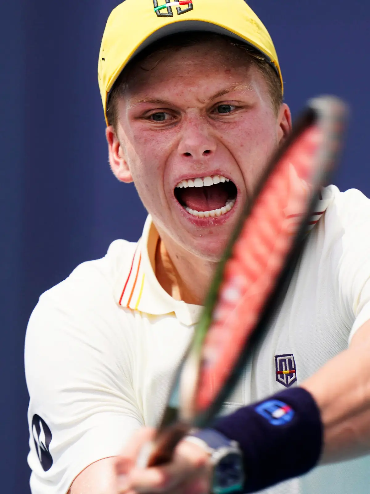 Jenson Brooksby returns a shot from Federico Coria of Argentina, during the Miami Open tennis tournament, Thursday, March 24, 2022, in Miami Gardens, Fla. (AP Photo/Wilfredo Lee)