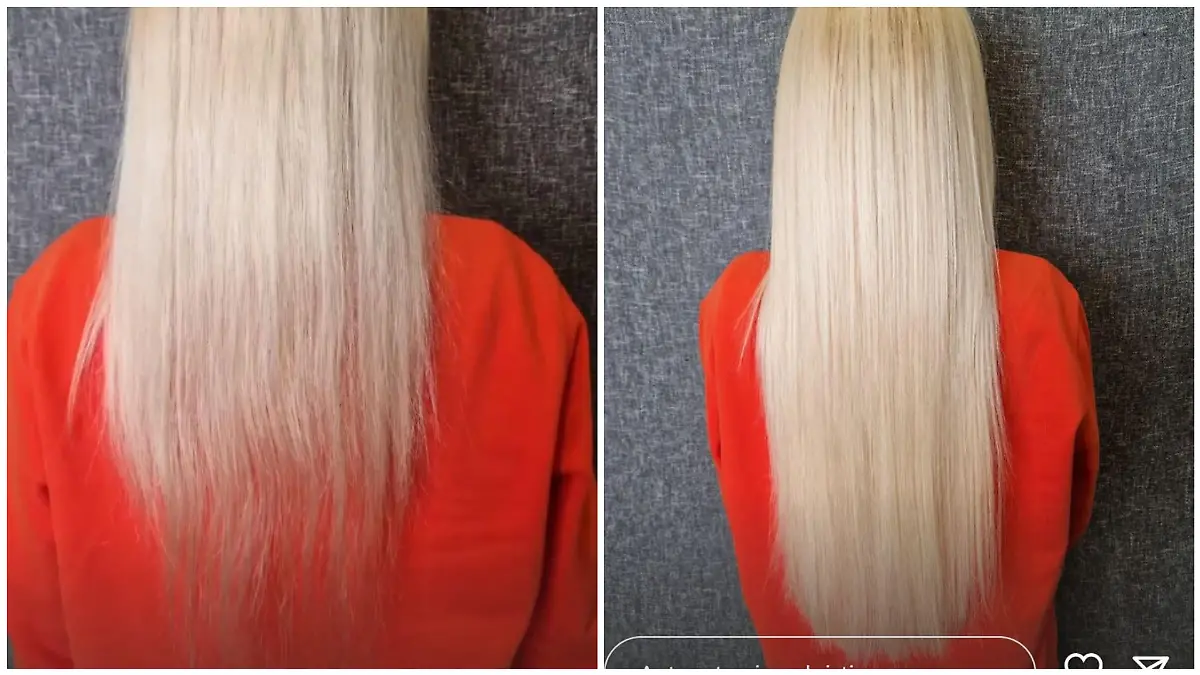 Nina Kristin lässt sich neue Extensions beim Friseur einsetzen. Das linke Bild zeigt ihr von Corona gezeichnetes Eigenhaar.