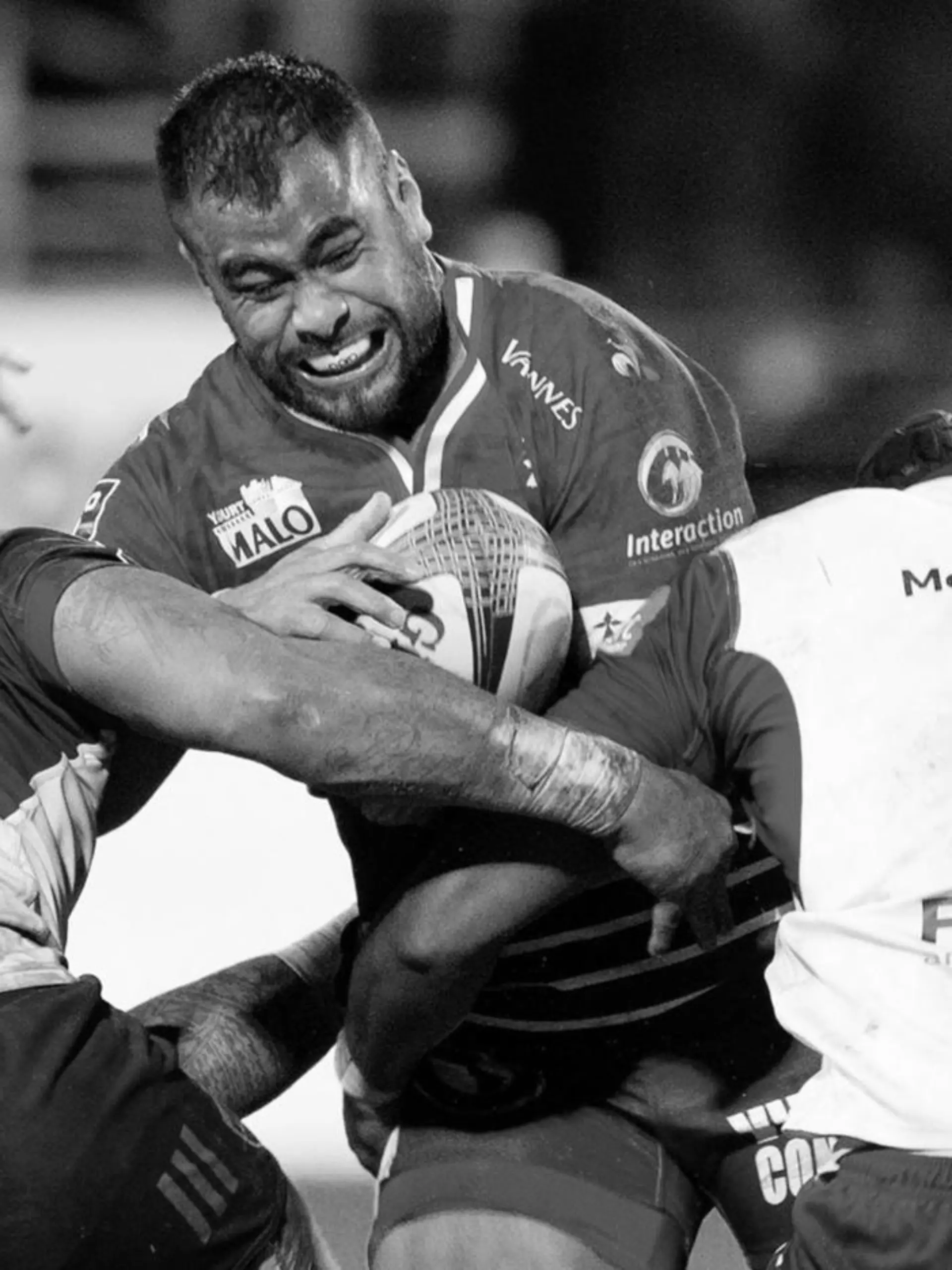 Patrick Leafa of Vannes and Kelly Meafua, Tijuee Uanivi of Montauban during the French championship Pro D2 rugby union match between RC Vannes and US Montalbanaise (Montauban) on February 18, 2022 at La Rabine stadium in Vannes, France - Photo Damien Kilani / DK Prod / DPPI