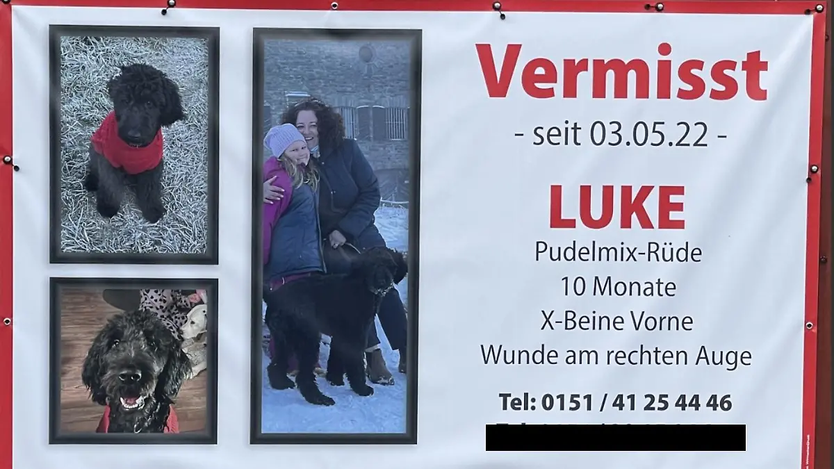 Mit einem riesigen Plakat am Hoftor sucht die Familie ihre Hund.